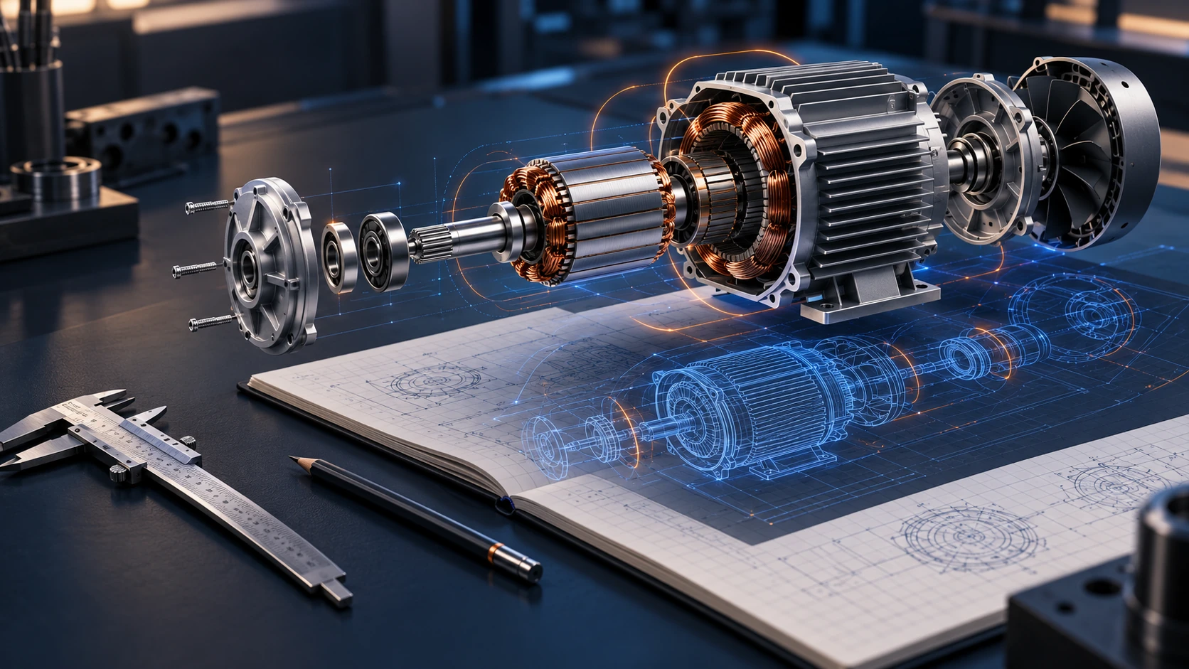 Conceptual engineering illustration: an electric motor above a technical drawing.